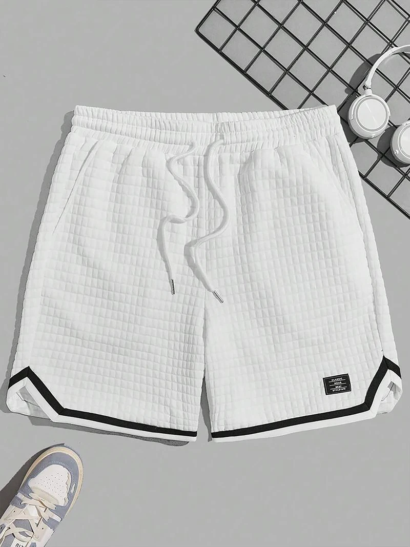 Herren Bubble-Waffel-Karo-Shorts, entspannte Passform, Kordelzug in der Taille, Kontrastbesatz, sommerliche Freizeitkleidung, sportliche Streetwear mit Taschen – Detail 15