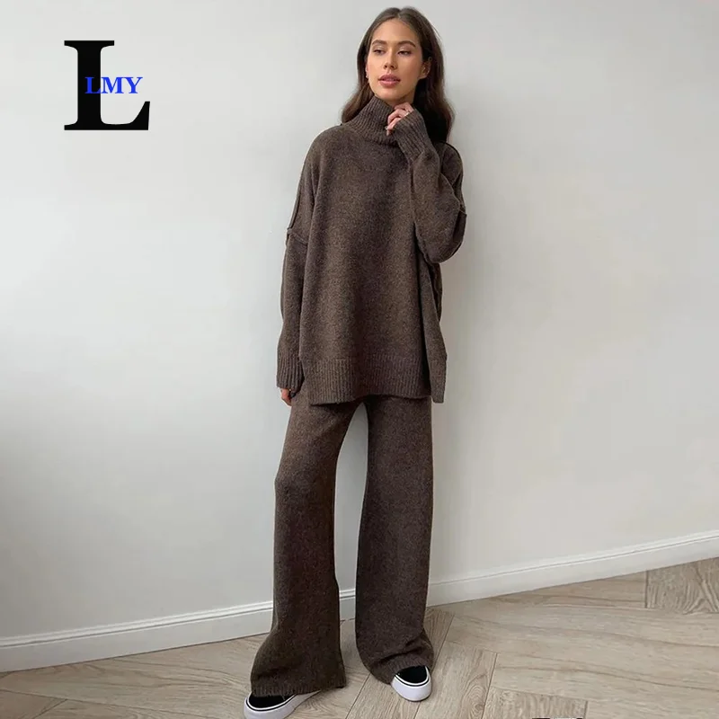 LMY 2025 autumn winter turtleneck sweater set women\'s loose casual lazy thickened knitted trousers suit