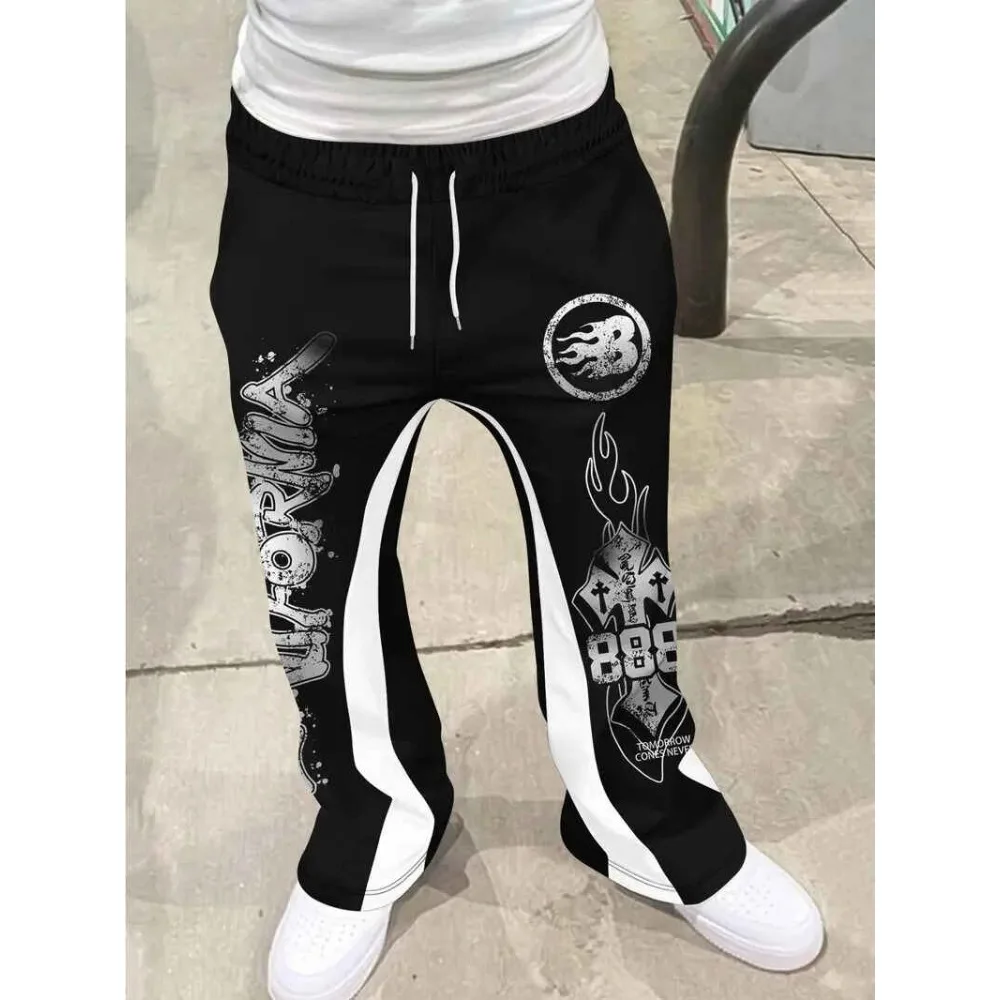 

Men's Casual Street Style Trendy Cross Print Fashionable Slightly Flared Black and White Color-Block Design Sweatpants Men Pants