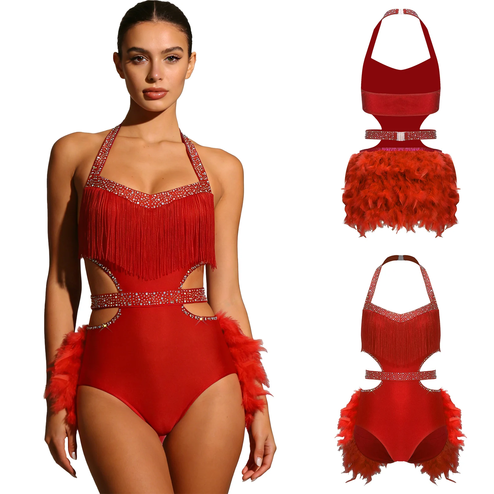 Mulheres jazz samba collant latino falso pena acentos halter sem costas sem mangas espanhol tango dança bodysuit macacão dancewear