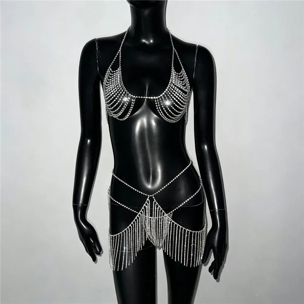

Shiny Rhinestone Tassel Women 3 PCS Set Sexy Hollow Backless Tank Top And Metal Chain Tassel Thong Skirts Rave Festival Outfits
