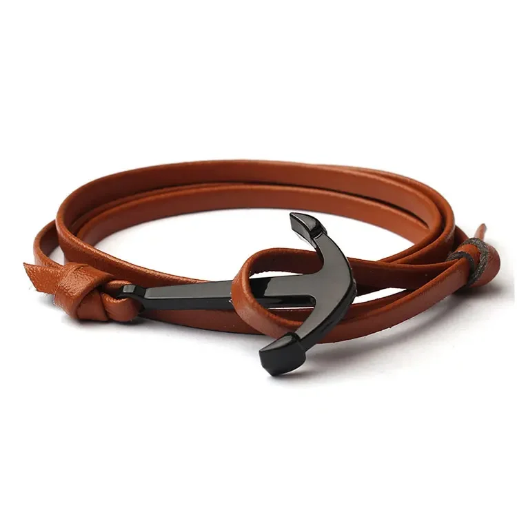 Minimalist Black Brown Multilayer Wrapped Leather Bracelet Fashion Marine Series Black Silver Fishhook Anchor Bracelet for Men