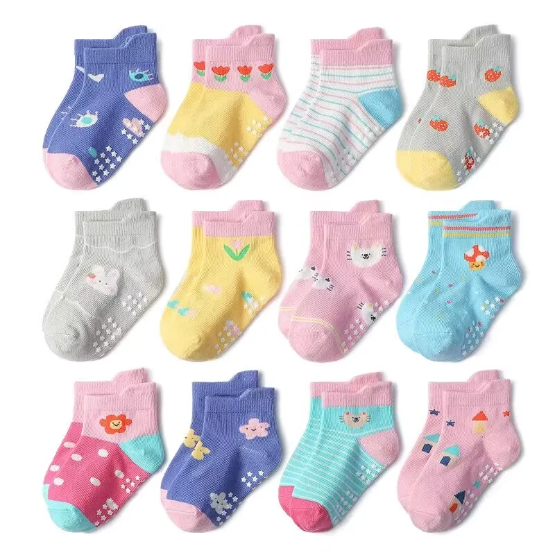 12Pairs/lot 0 to 6 Yrs Cotton Children's Anti-slip Boat Socks For Girl Low Cut Floor Kid Sock With Rubber Grips Four Season