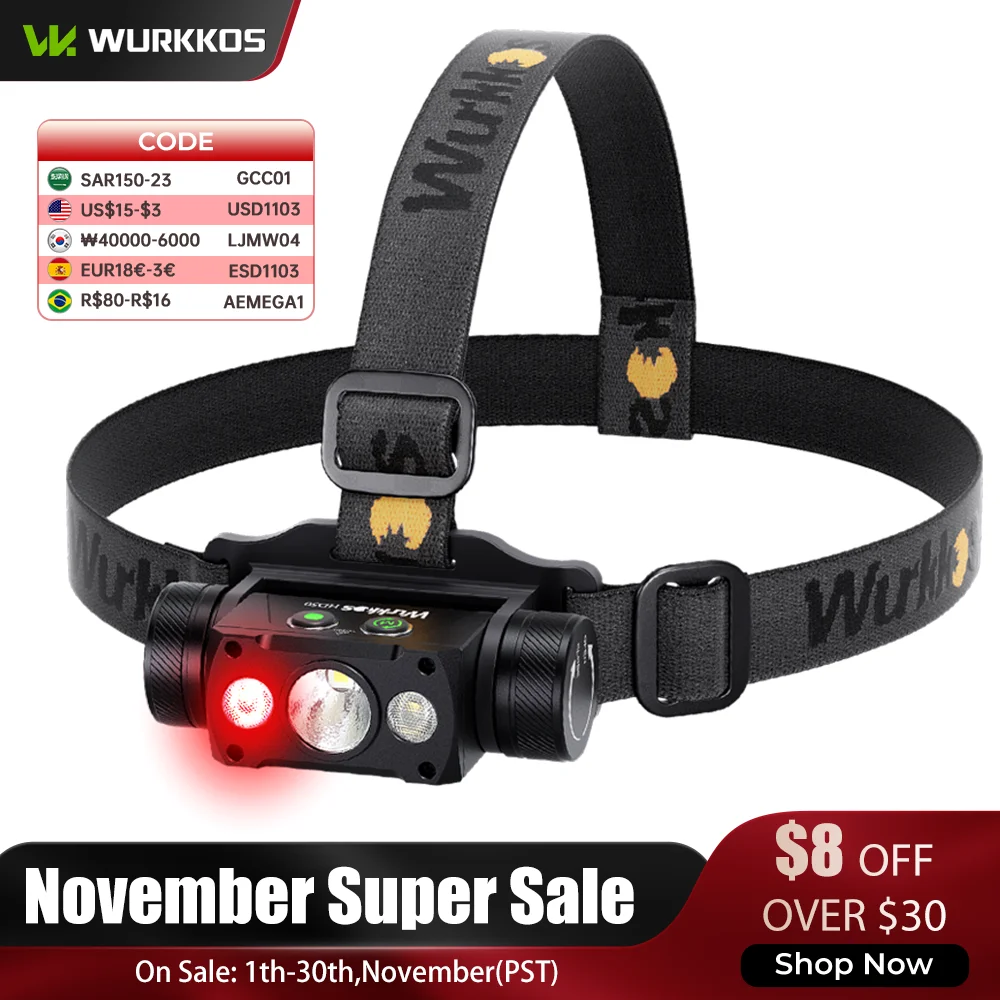Wurkkos HD50 LED 헤드램프 4000LM 고출력 충전식 손전등 IP67 방수 21700 낚시 조명 660nm 적색광 포함