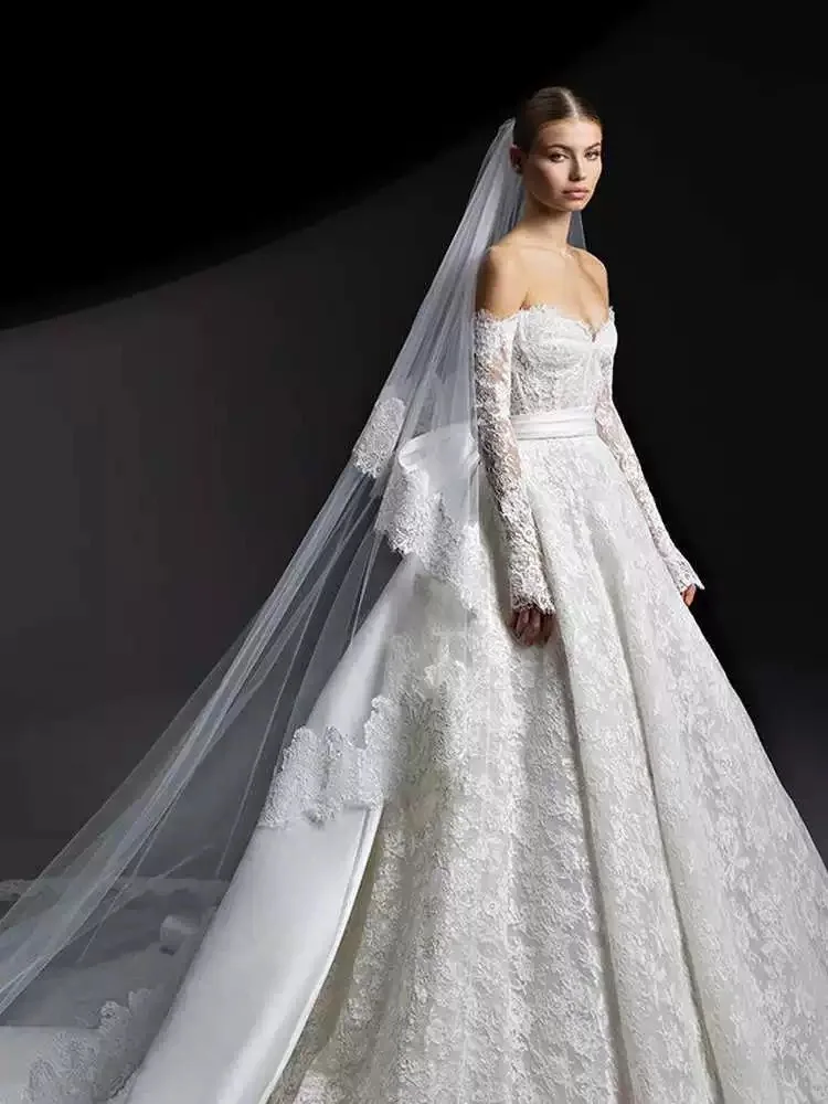 

Customized Luxury Long sleeve Wedding Dresses Removable Bow Lace Bridal Gown Off Shoulder Sleeves Sweetheart Vestidos De Noi