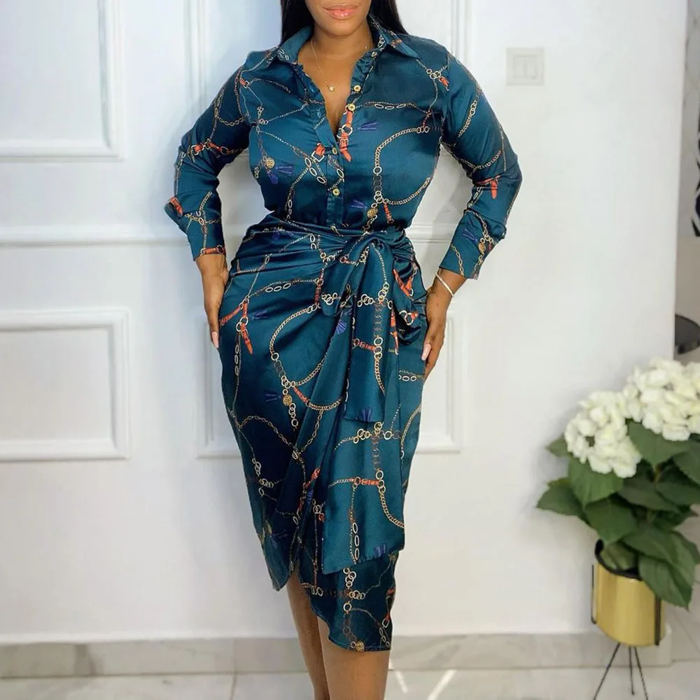 2026 AUTUMN NEW WOMEN'S PRINTED SHIRT MIDI DRESS, BUTTON DOWN STYLE WITH TIE WAIST, MID LENGTH CASUAL DRESS