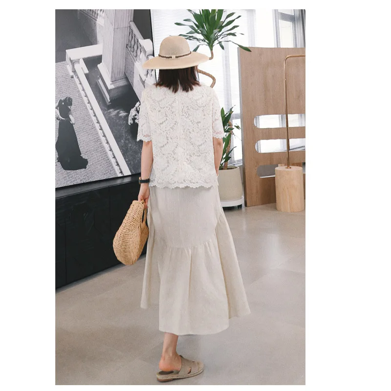 Flax Spring Summer Women's Skirt Pink Elastic Waist Splicing A-line Skirt Loose Comfortable Casual Cool High-end Women's Dress