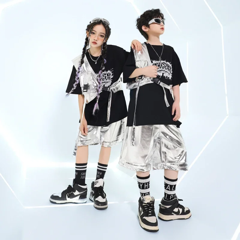 Hip Hop Jungen T-shirt Silber Glänzende Cargo-Shorts Mädchen Cool Crop Top Streetwear Kinder Street Dance Kostüme Kind Jazz Kleidung