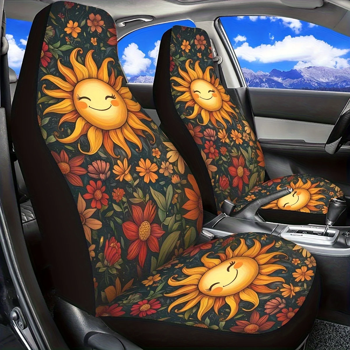 

2pcs Fit Car Seat Covers For Sedan/SUV/Truck - Front Seat Protectors With Sunshine Floral Print, Washable Easy-Install Design, F