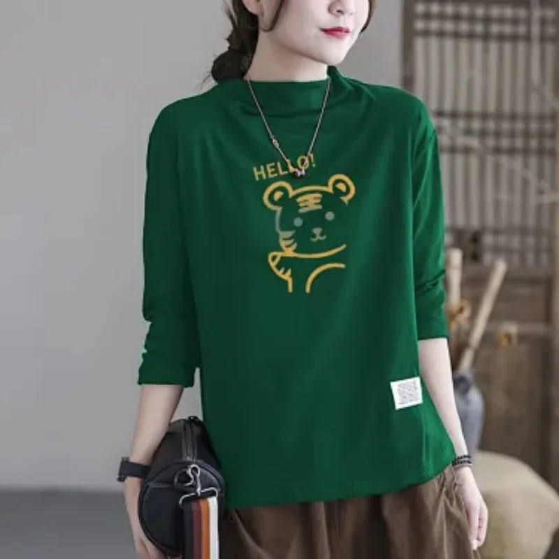Cute Cartoon Tiger Print Women Half Turtleneck Long Sleeve T Shirt Loose Spring Autumn Tops