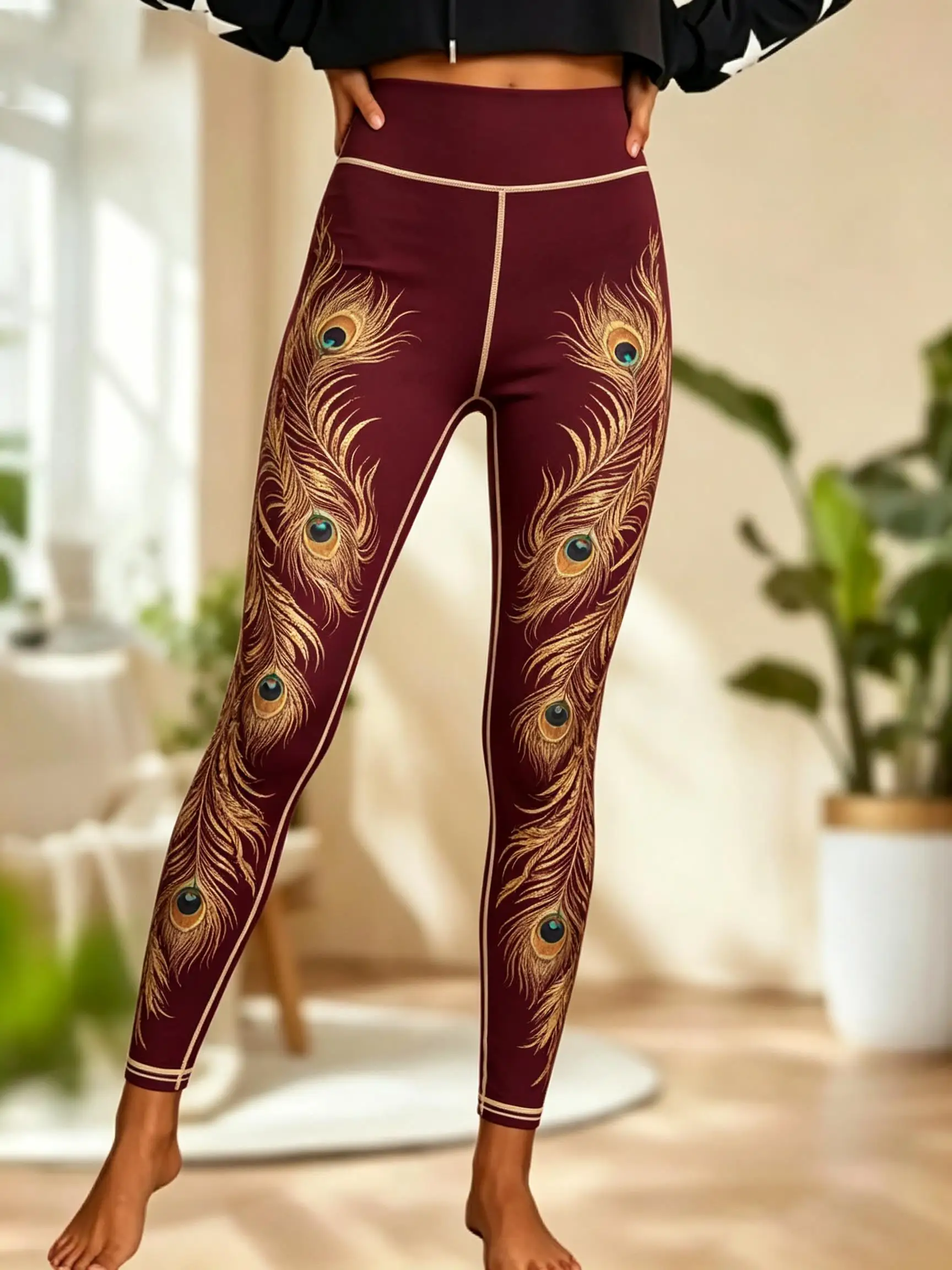 Women Fleece‑lined Mid‑rise Leggings Bohemian Peacock Feather Full‑leg Print Slim Stretch Winter Casual Pants