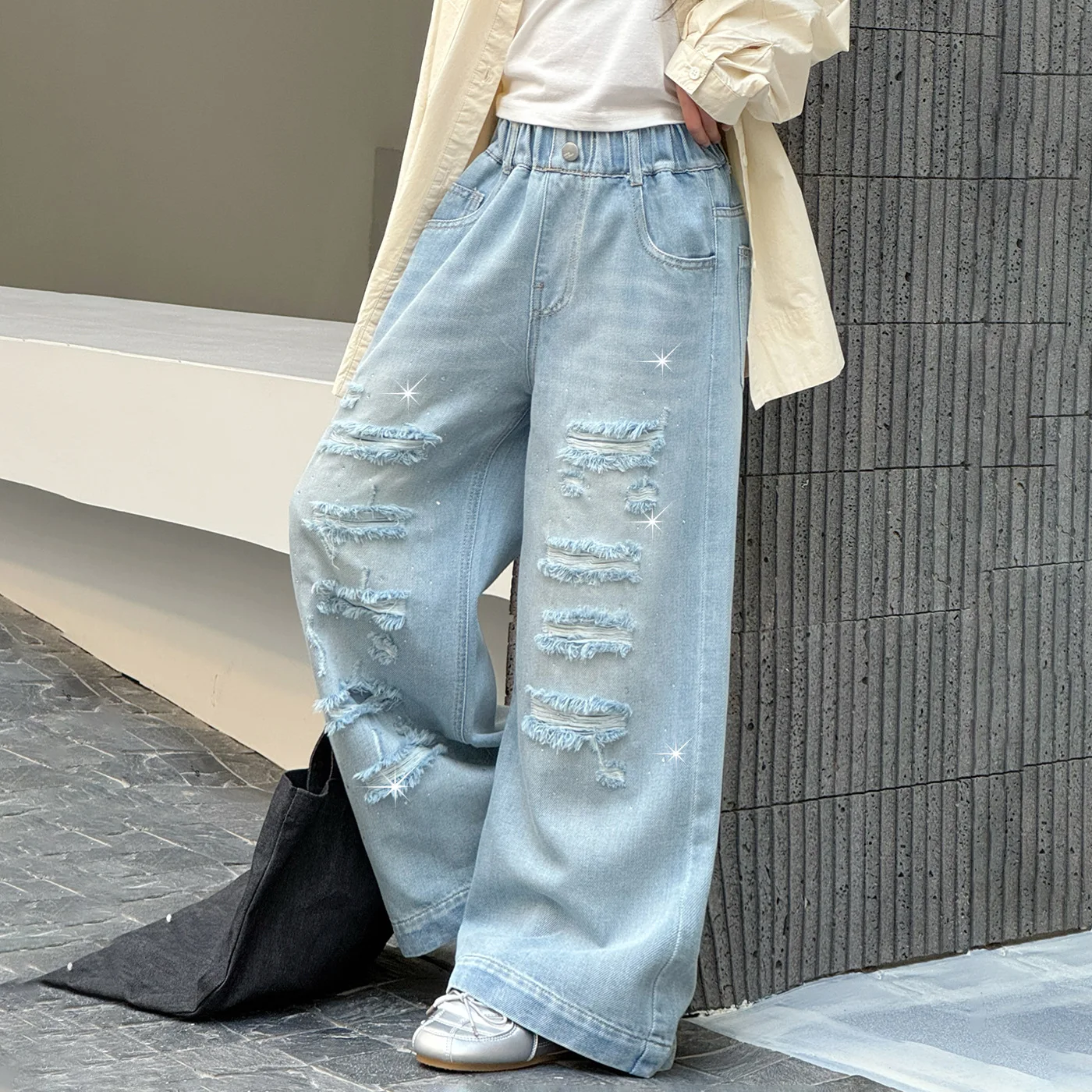 Spring Chic Ripped Beaded Blue Jeans for Teen Girls Junior Kids Denim Pants School Trousers Children's Clothing Sizes 4-14 Years