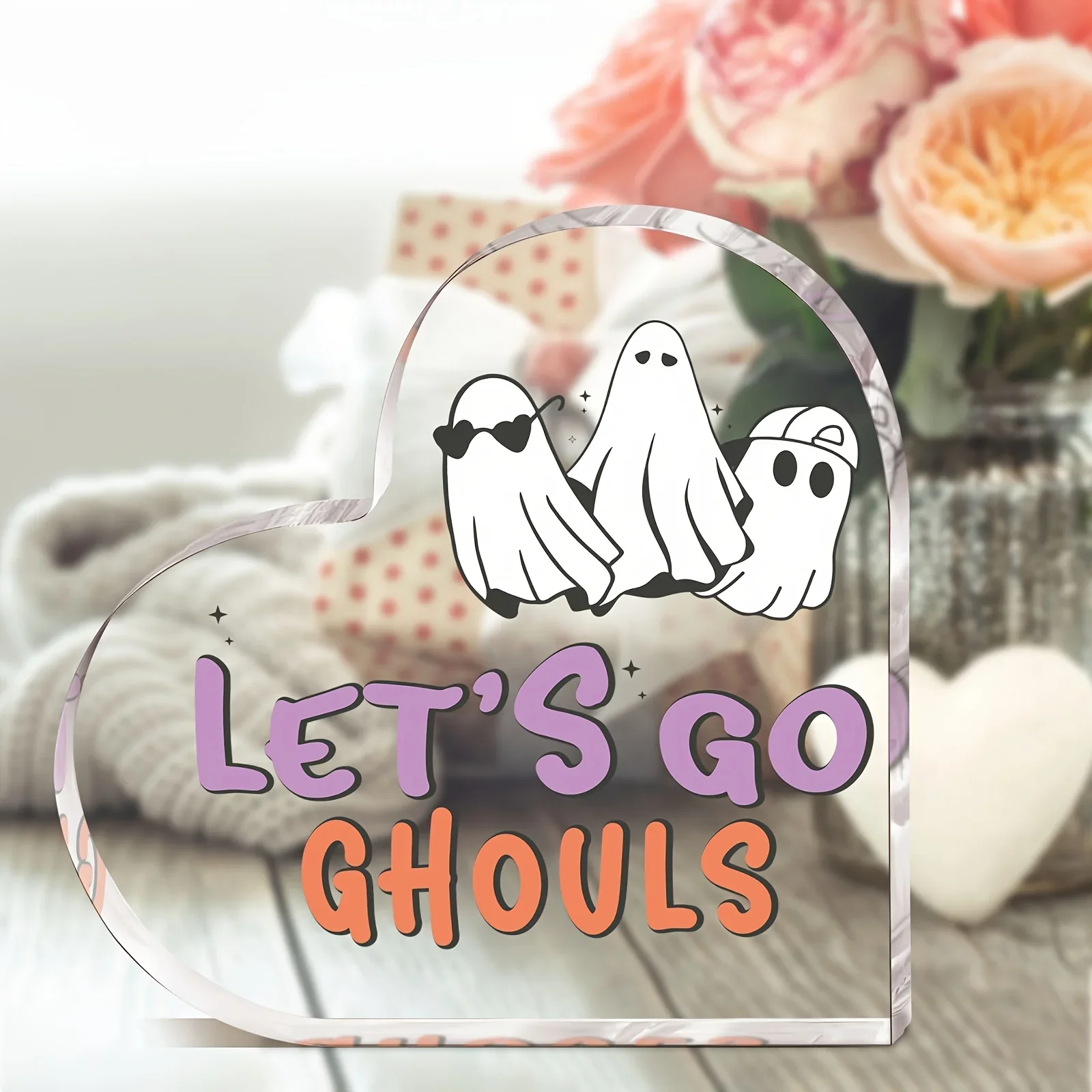 Retro Colorful Let’s Go Ghouls Ghost Heart‑Shaped Acrylic Keepsake, Fall Decoration,Halloween Party Gift
