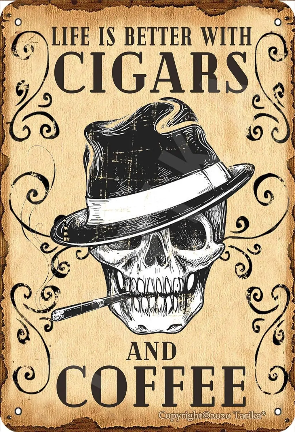 Skull Cigar Metal Tin Signs Life Is Better With Cigars And Coffee Metal Poster Vintage Café Iron Plaque Home Club Bar Wall  sign