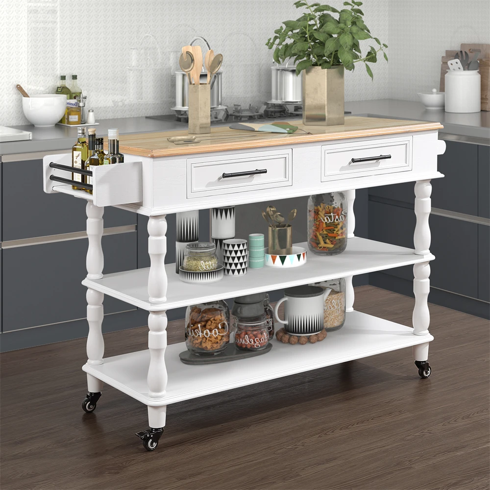 Rolling Kitchen Island with Storage, Kitchen Cart with Solid OAK Wood Top, 56 inch Two-sided Kitchen island Cart on Wheels