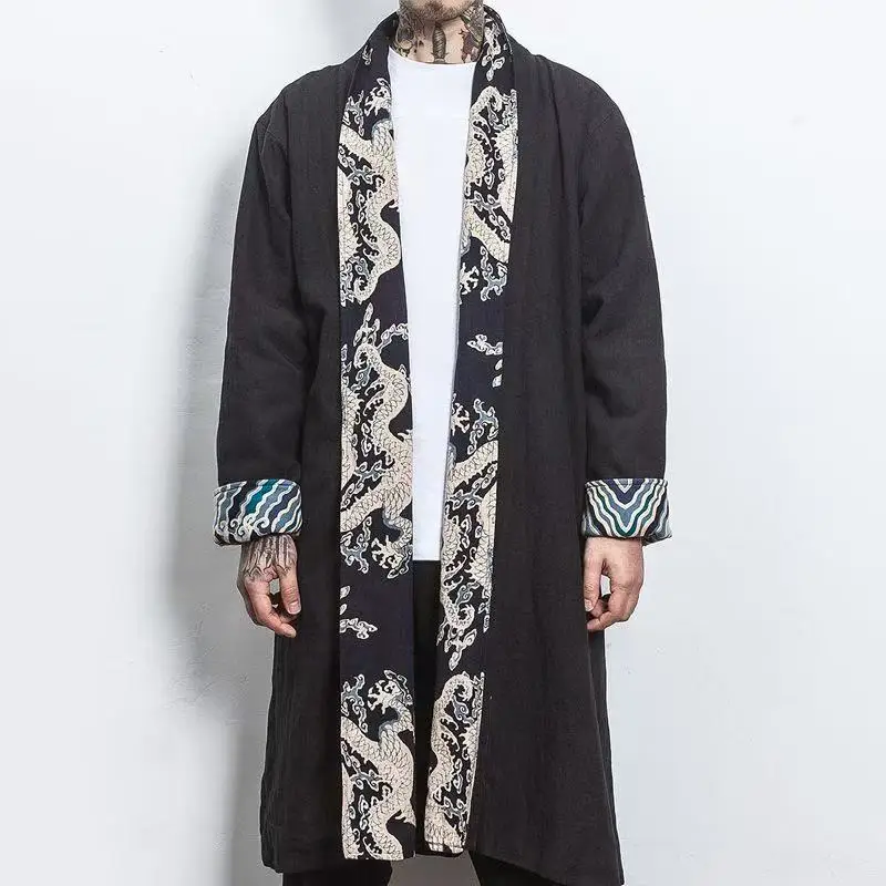 

Traditional Chinese Dragon Pattern Tops Shirt Robe Men's Mid to Long Windbreaker Jacket Vintage National Style Hanfu Cloak Daily