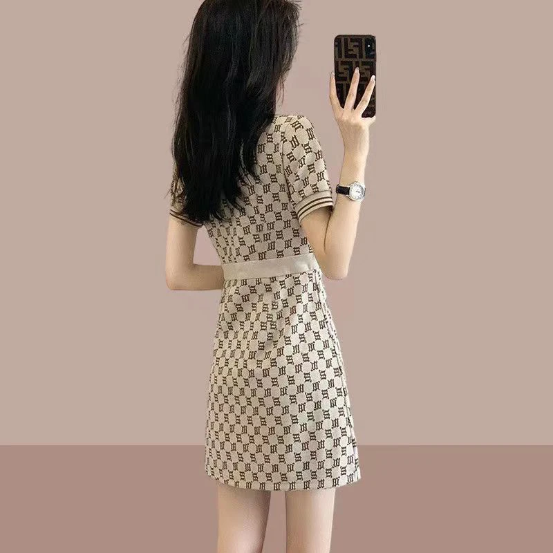 Summer New Korean Fashion Polo-neck Printing Mini Dress Lady Short Sleeve Waist Trend Robe Women Casual Slim Vestidos De Fiesta