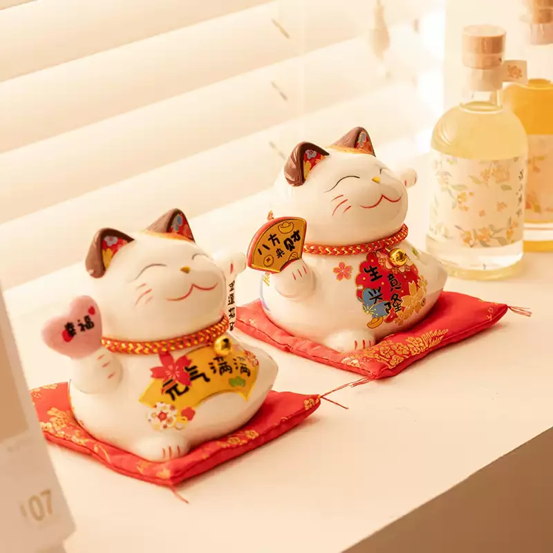 Beckoning Cat Ceramic with Gift Box Waving Hand Lucky Cat Battery Powered Maneki Neko Best Gift Home Decoration Fortune Lucky