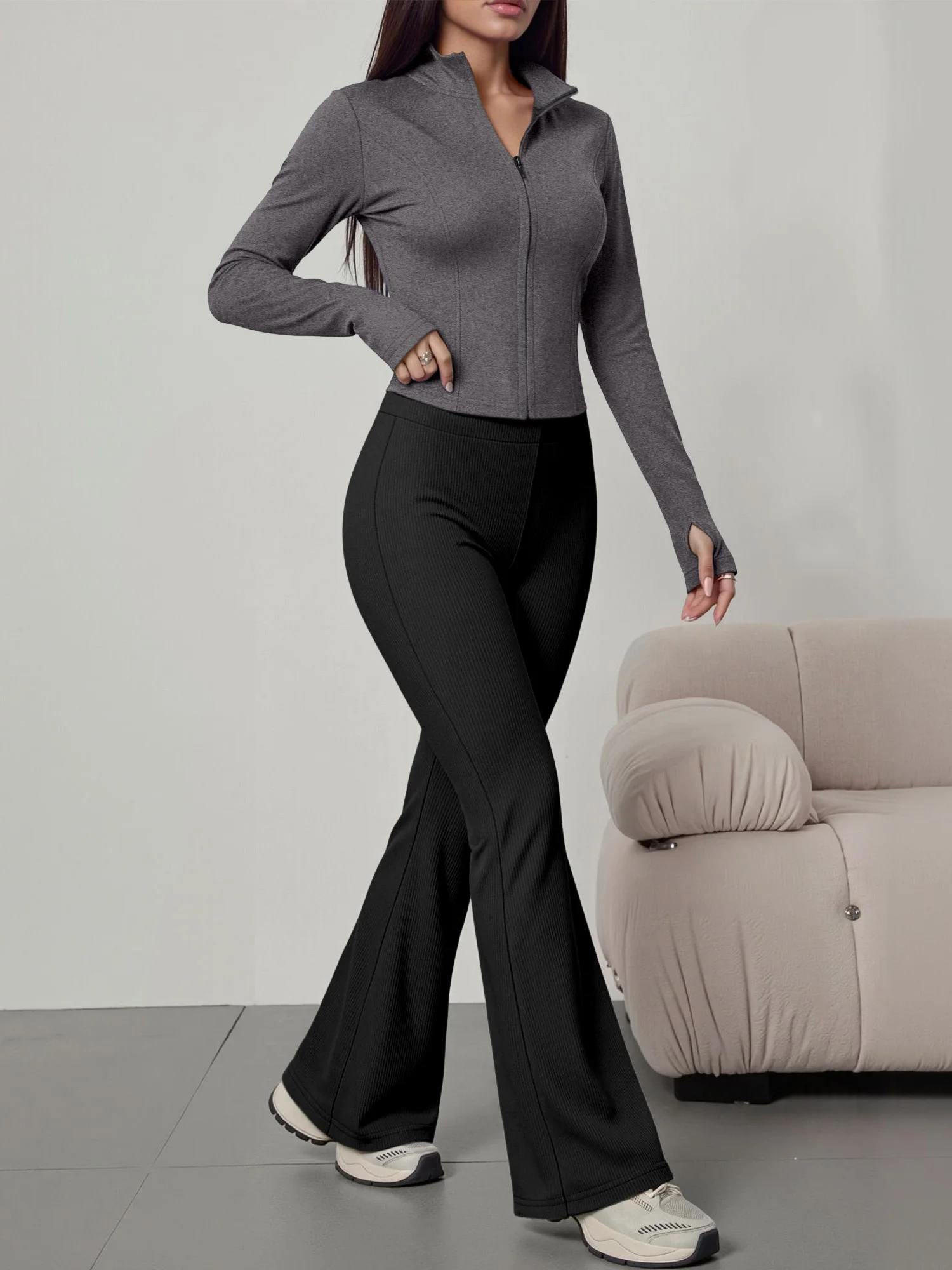 European American Women Ribbed Knit Two Piece Set, Long Sleeve Zip Top With High Waist Flare Pants, Casual Slim Daily Outfit