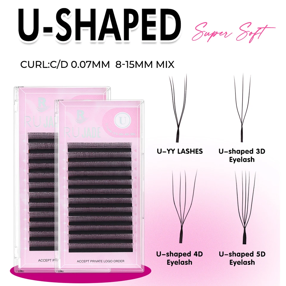 Rujade U Shaped YY Shaped Eyelashes Extensions Handmade Matte Black Natural Double Tips 2D YY Lashes Premade Fans Volume Lash