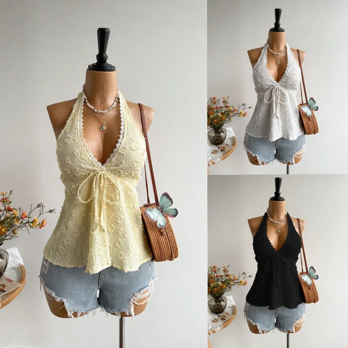 

Summer Women's Clothing Slim Fit Halter Neck Solid Color Tie Waist Crop Top Y2K Tanks Top Vintage Corset Style Polyester