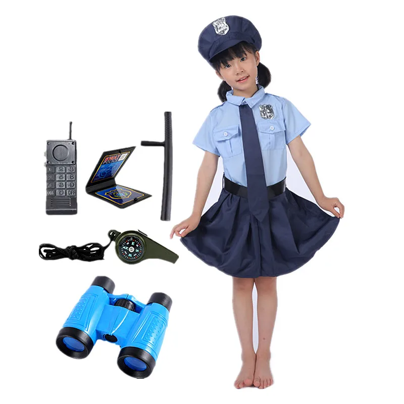 Dress Up Police Uniform Girls Police Cosplay Dress Costumes Justice Heroes Female Police Officer Suit with Whistle Baton Toy