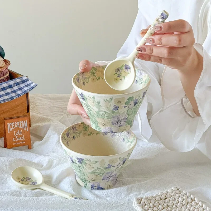 Aesthetic Rice Bowl 12.6cm, Light Violet Pansy Ceramic Small Bowl,Bamboo Hat Shape Dessert Soup Bowl for Asian Home Dining Decer