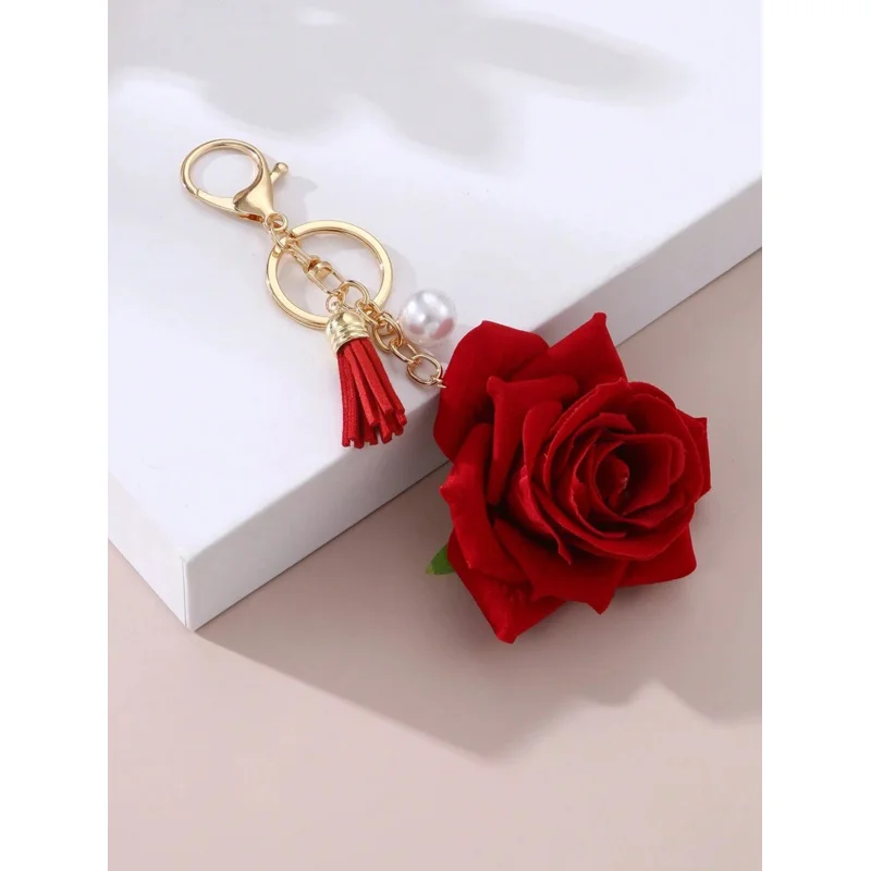 1pc Boho Keychain for Women with Fabric Rose, Tassel & Faux Pearl. Bag/Car Charm for Mother‘s Day & Valentine’s Gift.