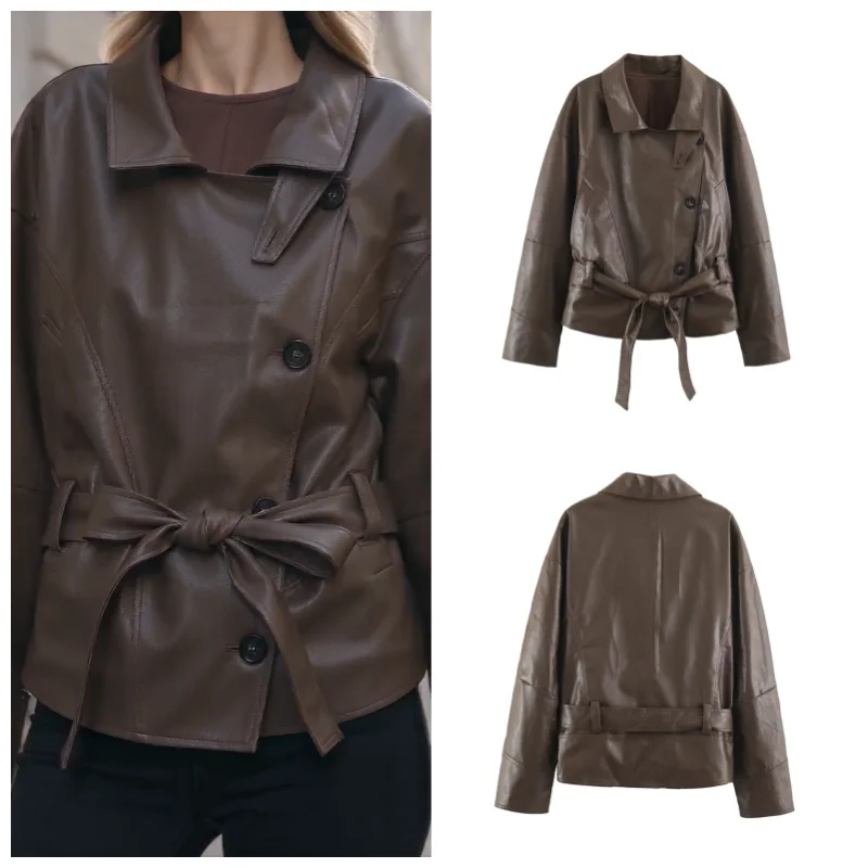 Guobioziy2026Women's New Short Leather Jacket with Turndown Collar Stylish and Versatile Elegant and Graceful Casual and Simple
