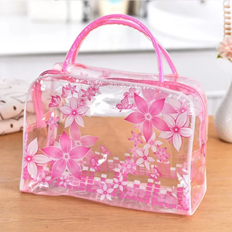 Women Floral Transparent Cosmetic Bag Travel Makeup Wash Bag Clear Handbag Bathing Underwear Toiletries Storage Waterproof Pouch