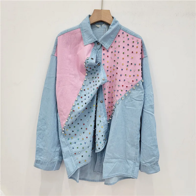 Women Rainbow Color Diamonds Beaded Pink Blue Patchwork Denim Shirt Loose Rhinestones Jeans Blouses Jacket Crystal Cardigan Tops