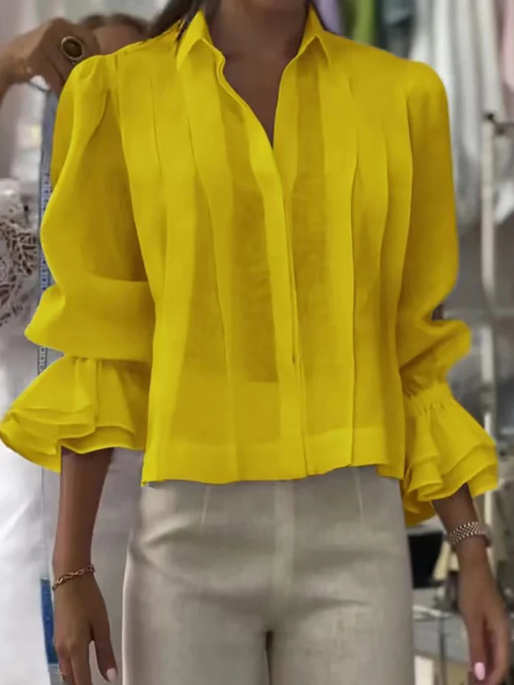 

Long Butterfly Sleeve Simple Blouses, Spring Summer Women Turn-Down Collar Casual Tops, 2025 Solid Patchwork Loose Ladies Shirts