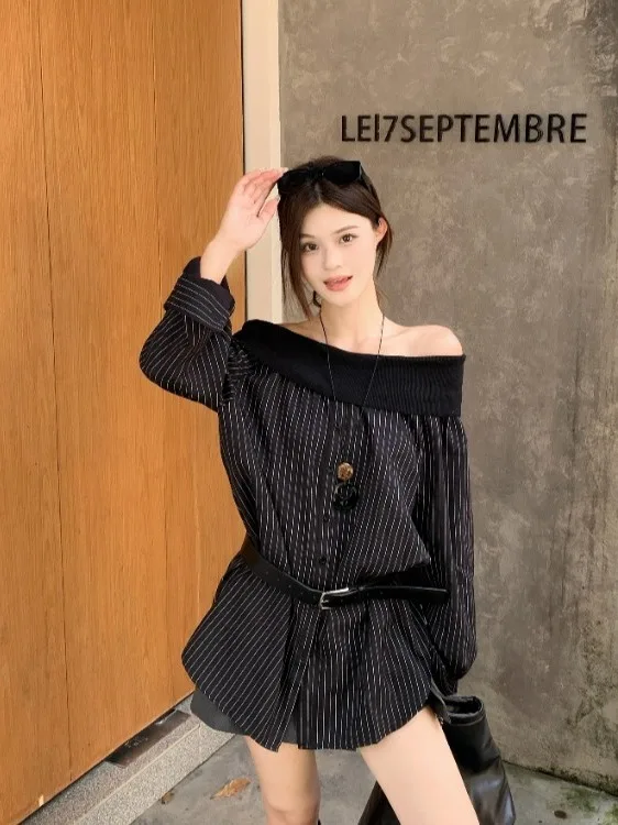 

plus Size Women's Vintage Striped Long Sve irt High Waist Skirt Faionable Autumn New Sle One oulder Top Quali Pants