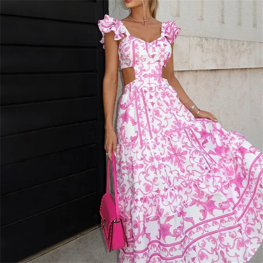 

2024 summer women's fashion new shoulder-padded printed women's dress elegant hollow long dress