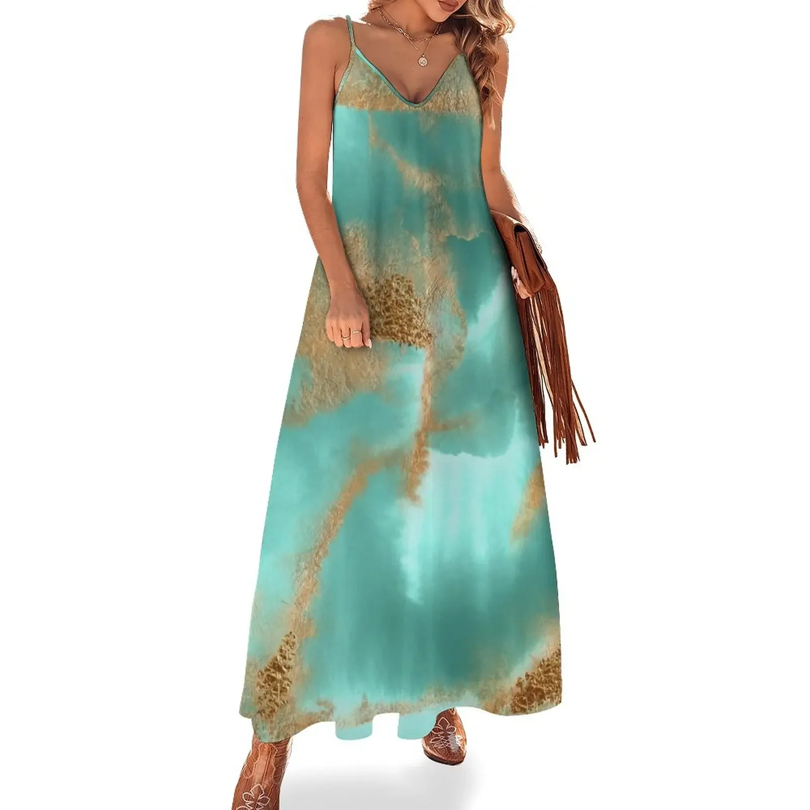 

Turquoise Ocean Glamour Gold Faux Marbled texture Sleeveless Dress dress women elegant luxury women's evening dress 2025