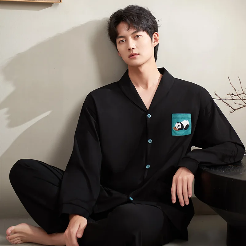 Mens Nightwear Suit Spring Autumn Sweet Cute Animal Panda Long Sleeve Pajamas Modal Cotton Homewear Men M-XXL Pijamas Hombre