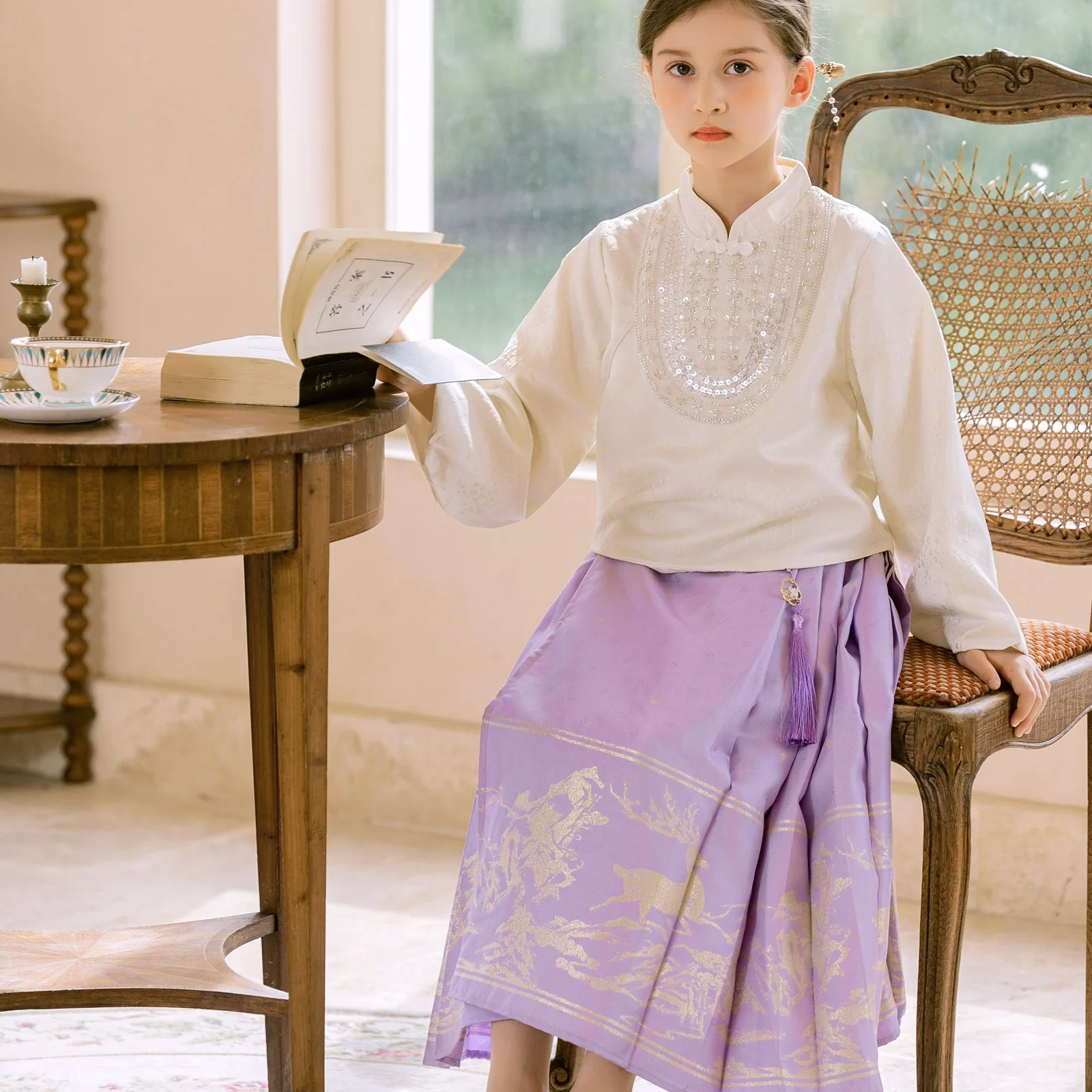 New Chinese Girl's Hanfu Dress Set Girls Traditional Flower Embroider Horse-face Skirt For Kids Princess Hanbok For Children