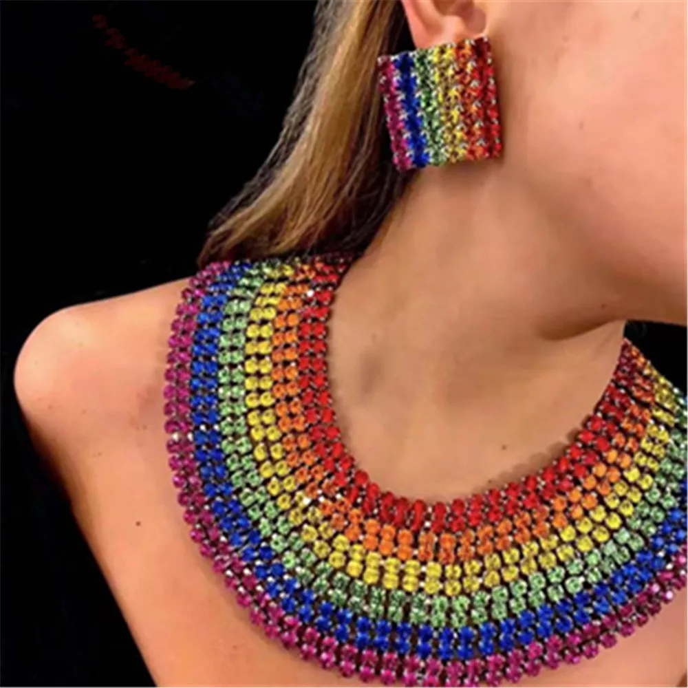 Hyperbolic Rhinestone Multiple Rows Rainbow Wide Bib Choker Necklace Wedding Jewelry for Women Shiny Crystal Big Collar Necklace