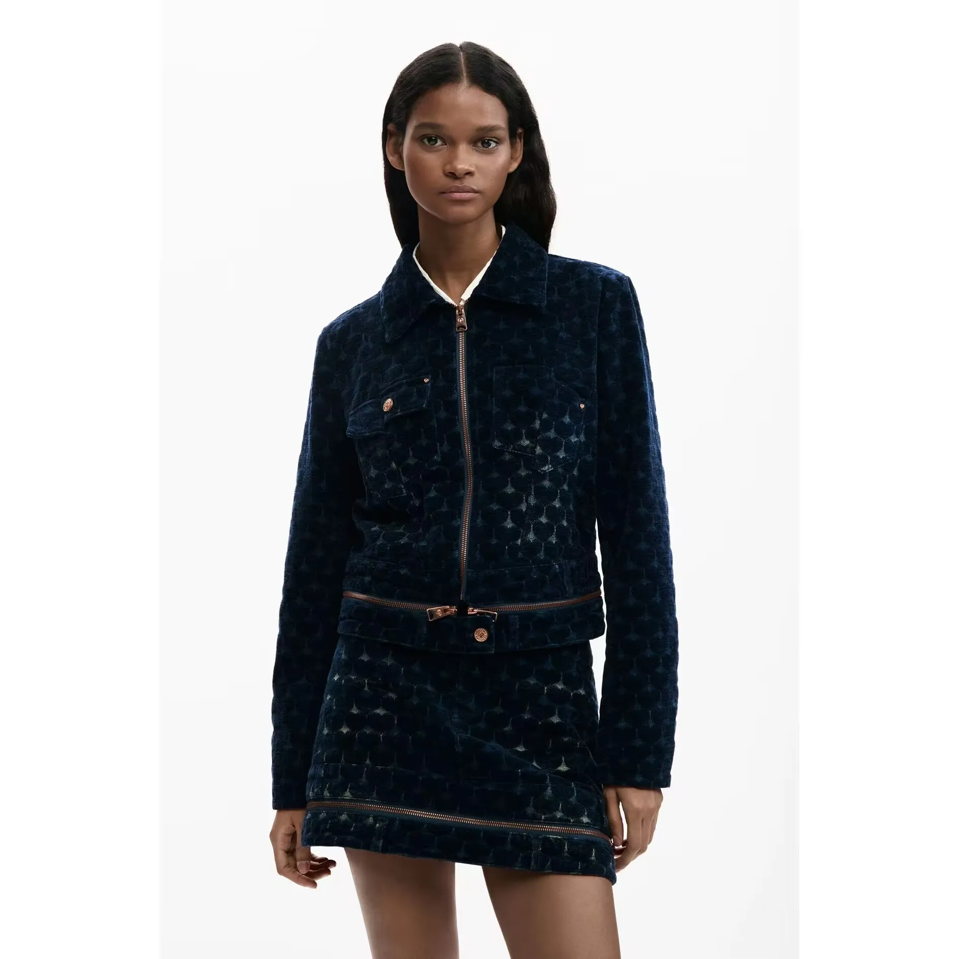 Exported Spanish single washed vintage black short-style denim jacket, white patchwork suit jacket