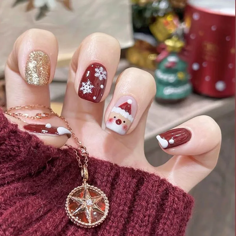 

High Quality Luxury 10Pcs /Set Full Cover False Glue Press on Nails French DIY Handmade Removable Rhinestone Christmas Red White