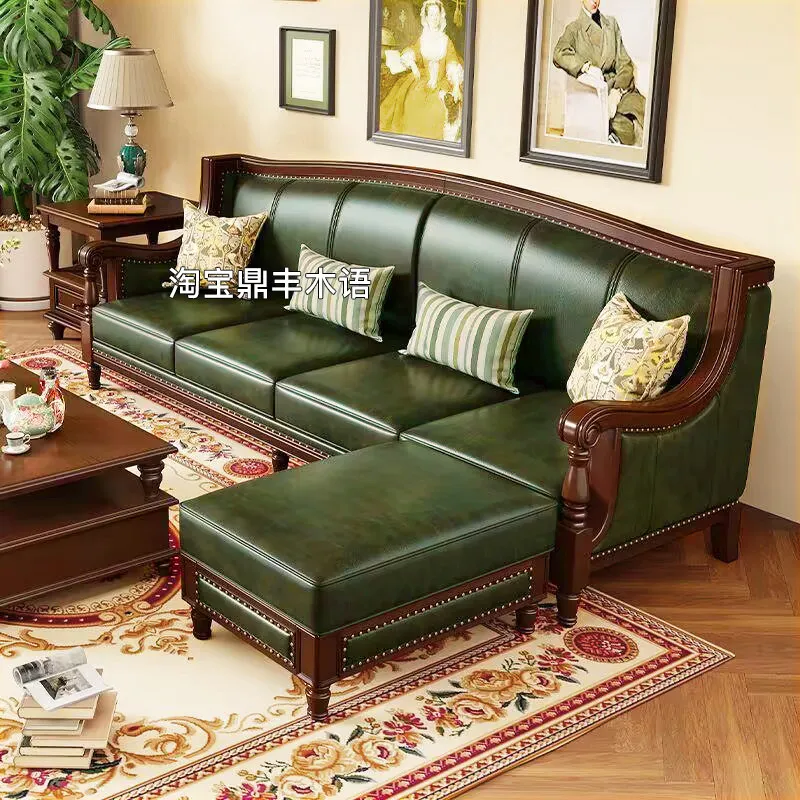 Nordic Vintage American Style 4 Seater Top Grain Leather Sofa Retro Solid Wood Frame Couch for Villa Living Room Home Decor