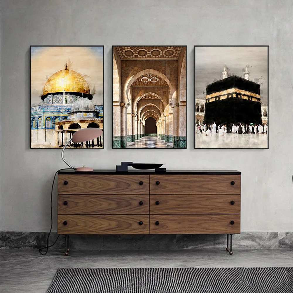 Allahu Akbar Kaaba Sacred Place The Mosque Posters and Prints Islamic Calligraphy Canvas Painting Wall Art Living Room Decor