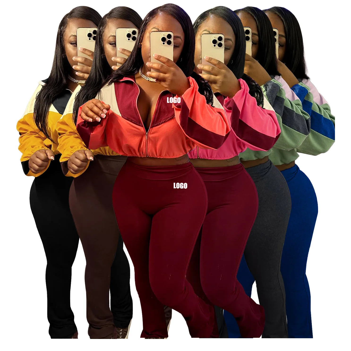 

Custom LOGO sports and leisure women's clothing color matching navel high waist micro-speaker women's two-piece set street style