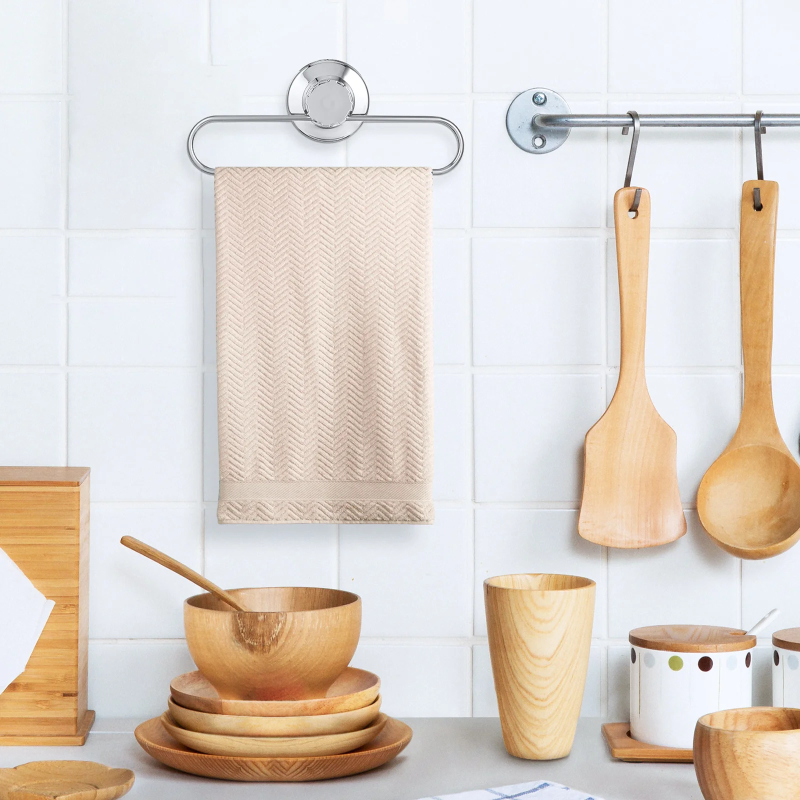 شفط كأس منشفة حامل لا الحفر سهلة التركيب شماعة منشفة اليد المطبخ الحمام قماش الأطباق رف جدار المنظم #6