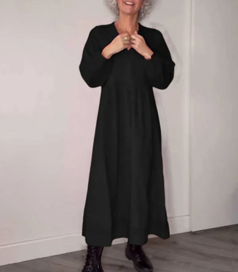 Robe Maxi en Coton et Lin pour Femme, Élégante, Décontractée, à Manches sulf, Col Ras du Cou, Tunique d'Été