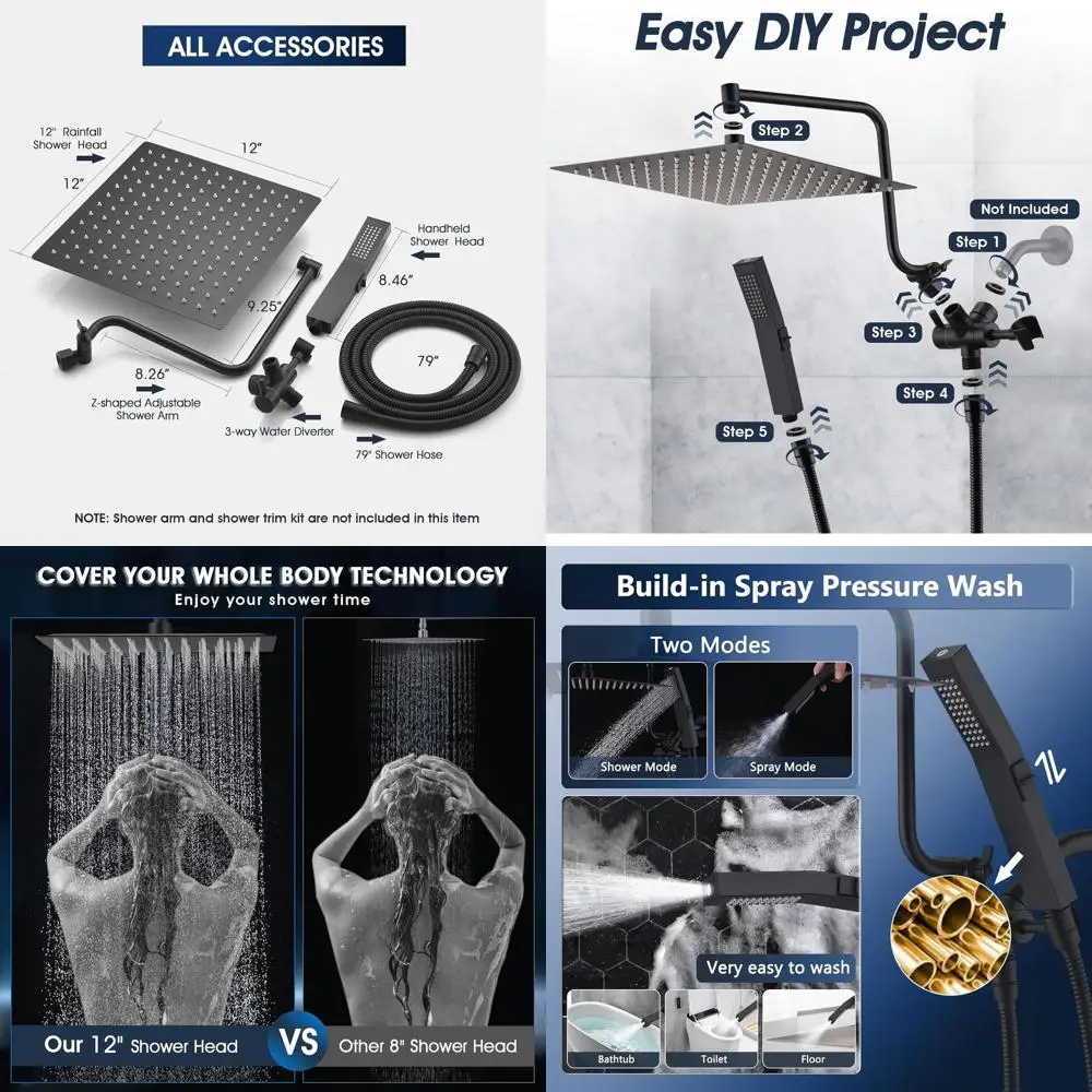 12-inch High-Pressure Rainfall Shower with Handheld, Z-shaped Adjustable Arm, 79 Long Hose, 3-Way Diverter, Matte Black