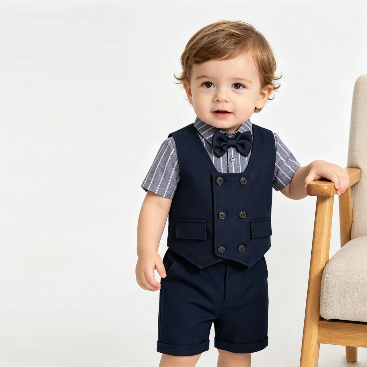 Toddler Boy 4Pcs Formal Suit Striped Shirt Double Breasted Vest Bow Tie Shorts Wedding Baptism Birthday Gentleman Party Tuxedo