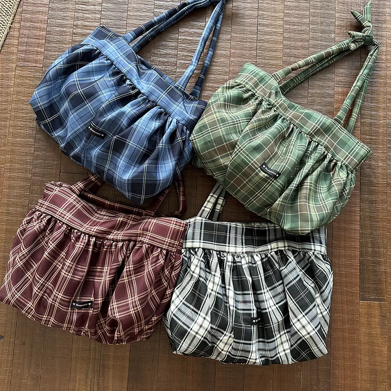 

Plaid Canvas Casual Totes Women England Style Strips Shoulder Bags Large Capacity Cloth Shopper Bags Korea Style Cotton Packages