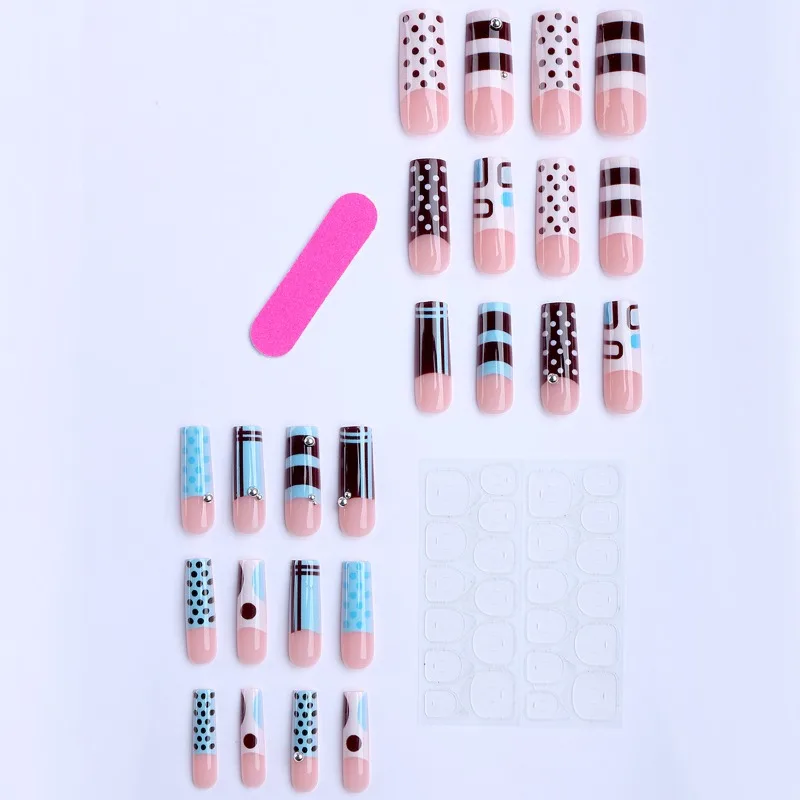 24PCS Y2k Blue French False Nails White Polka Dots Plaid Stripes Long Square Press on Nails Sweet Cool Spice Girls Nail Wearable
