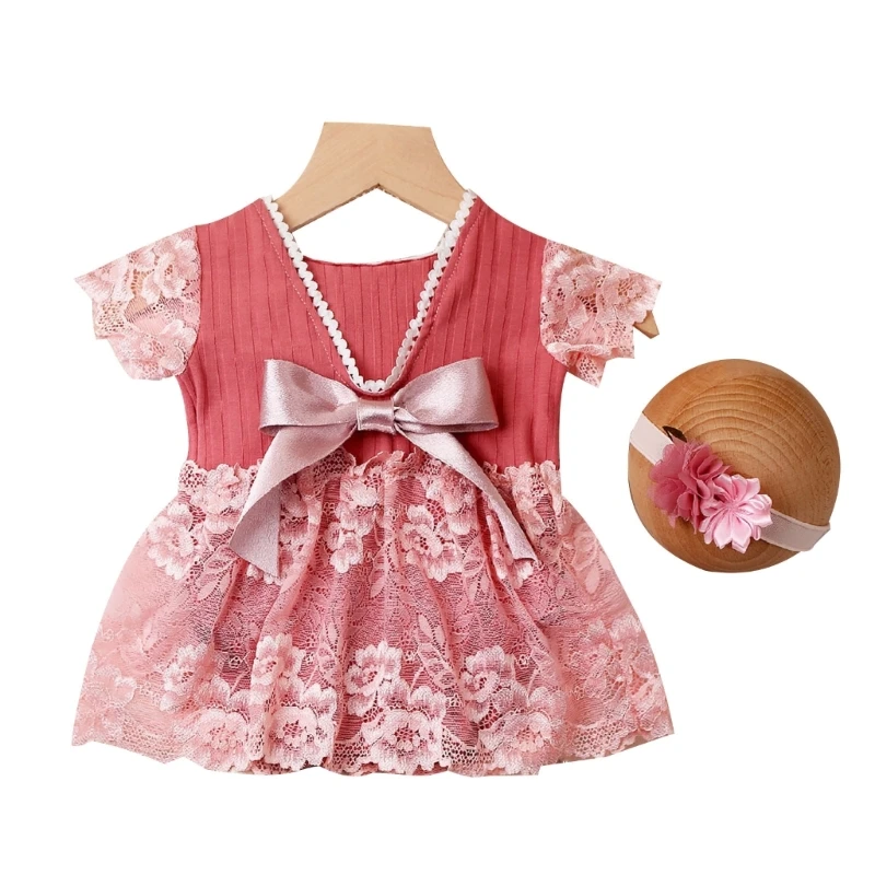 

Baby Lace Dress Elastic Flower Headband PhotoShooting Outfit Newborn Shower Gift